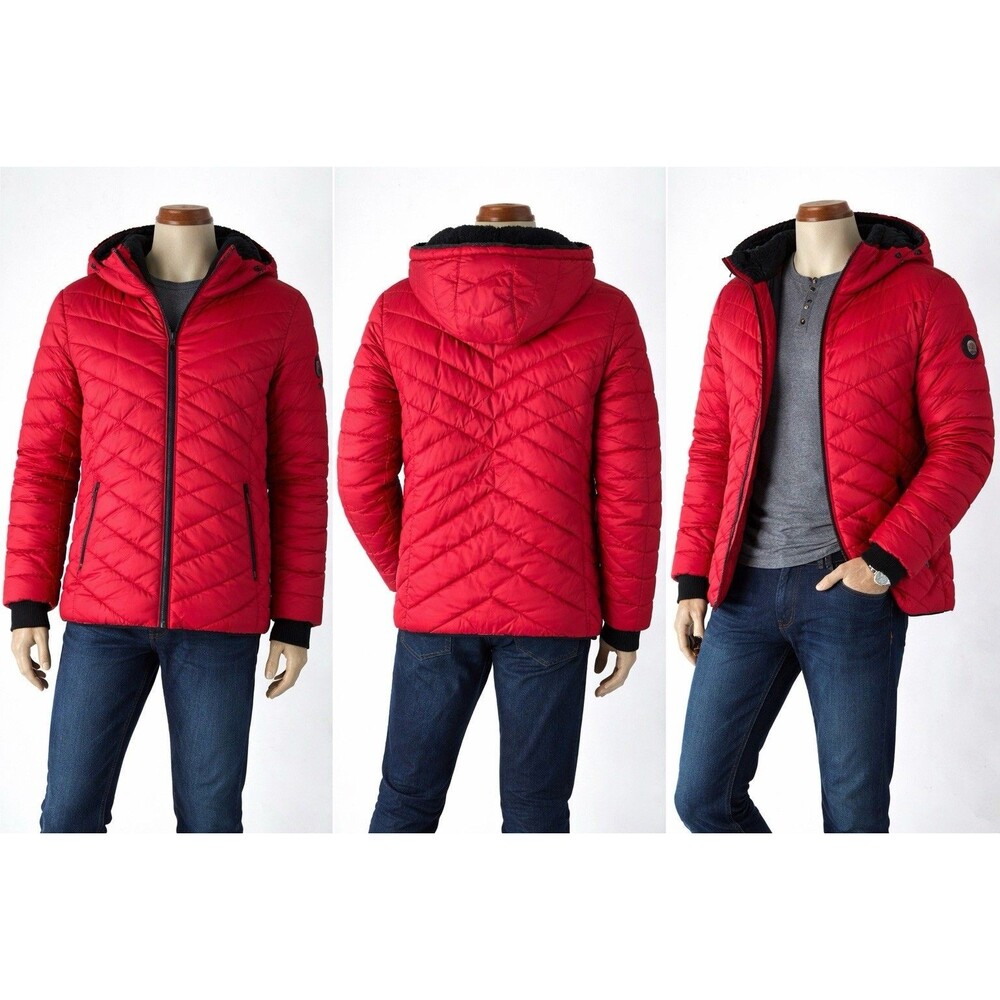 Nautica Mens Puffer Jacket XL Red Hooded Full Zip Quilted Winter Coat Outdoor
